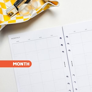 PRINTED A5 Monthly Planner Inserts | Separable | 6 Ring Binder | Disc | Agenda Refill | Undated | Grid Calendar | Month on Two Pages | MO2P