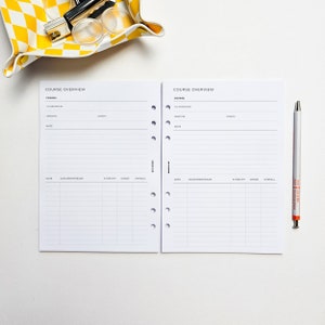 May include: Two white pages with black text and lines. The text reads "Course Overview" and includes fields for course name, co-ordinator, semester, credits, note, date, assignment/exam, % weight, grade, and overall.