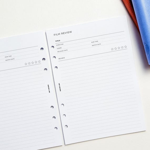 Film Review A5 Planner Inserts | Film Club Journal | 6 Ring Binder, Filofax Compatible