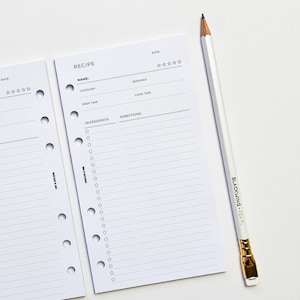 Recipe Planner Inserts | Personal Filofax 6 Ring Binder