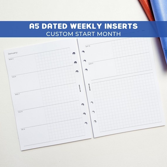 Dated Weekly A5 Planner Inserts | Filofax 6 Ring Binder | Week on Two Pages
