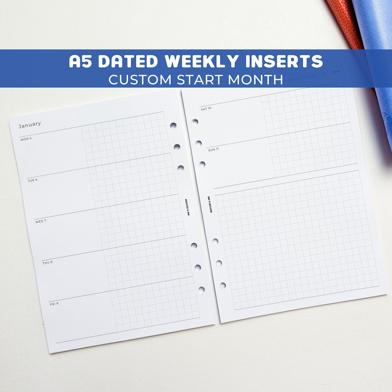 Feuillets d'agenda hebdomadaires A5 | Reliure à 6 anneaux Filofax | Une semaine sur deux pages image 1