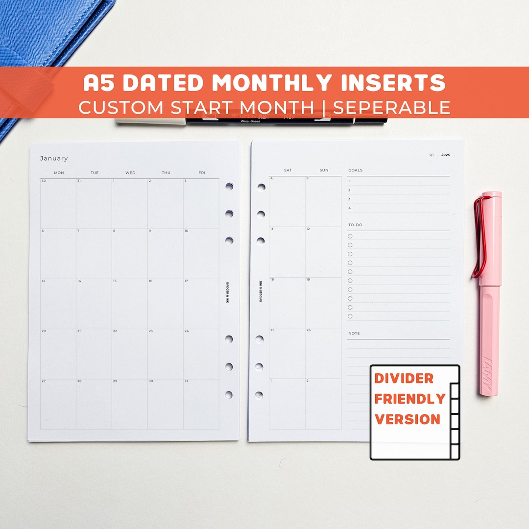 Monthly A5 Planner Inserts | Filofax 6 Ring Binder | Dated 2026 Diary ...
