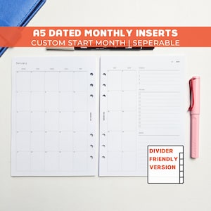 DATED A5 Monthly Planner Inserts | Printed | Separable | 6 Ring Organiser | Agenda Refill | Grid Calendar | Month on Two Pages | MO2P