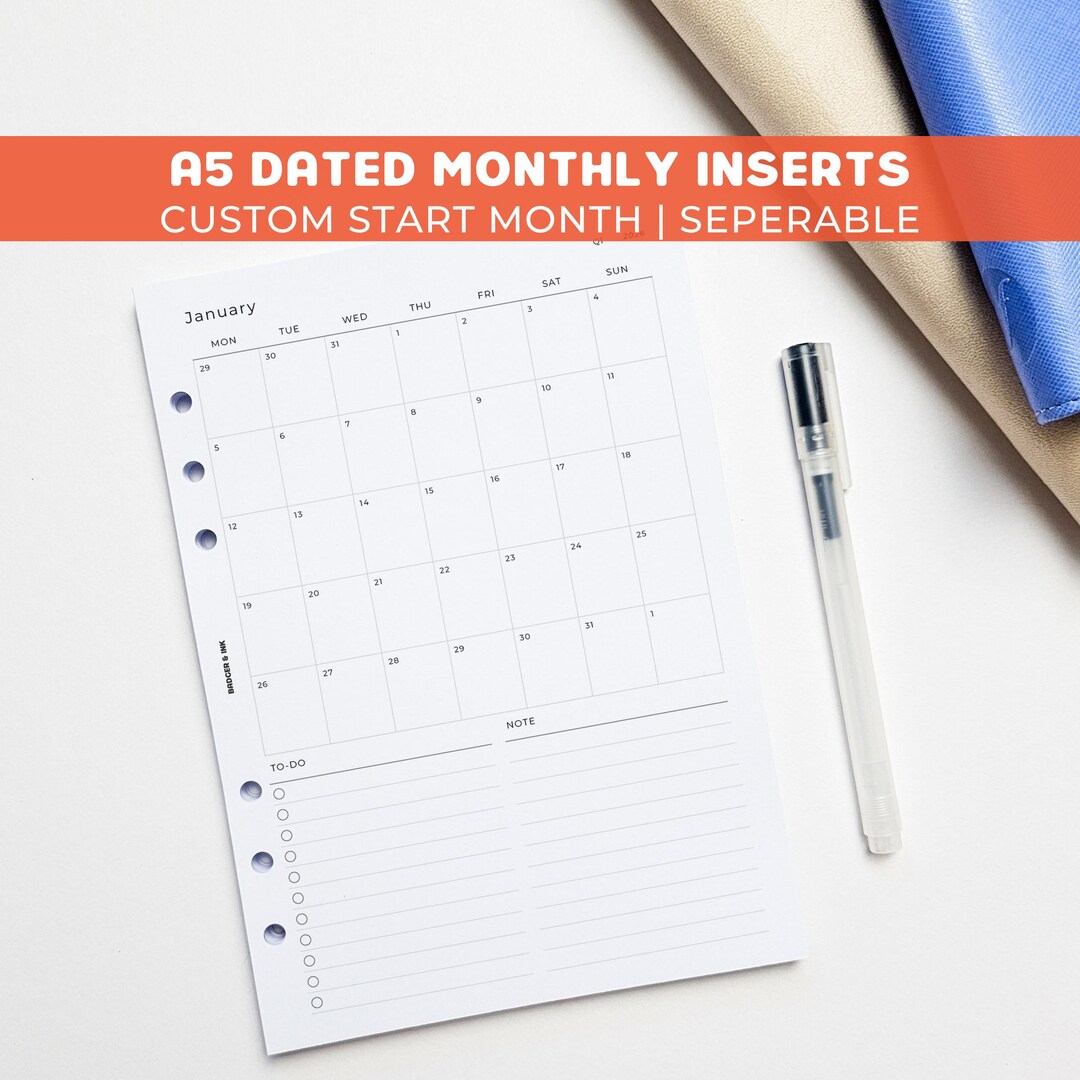 Monthly A5 Planner Inserts | Filofax 6 Ring Binder | Dated 2026 Diary ...