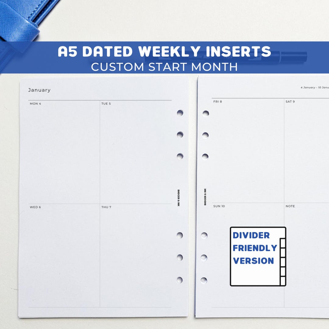 Dated Weekly A5 Planner Inserts | Filofax 6 Ring Binder | Week on Two ...