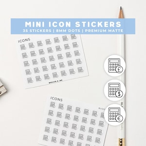 May include: Mini icon stickers with calculator graphics. The stickers are 8mm dots and come in a set of 35. The image also shows three individual calculator icons with currency symbols: pound, dollar, and euro.