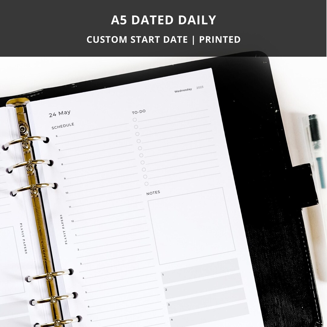 DATED A5 Daily Planner Inserts Printed Hourly 6 Ring Organiser