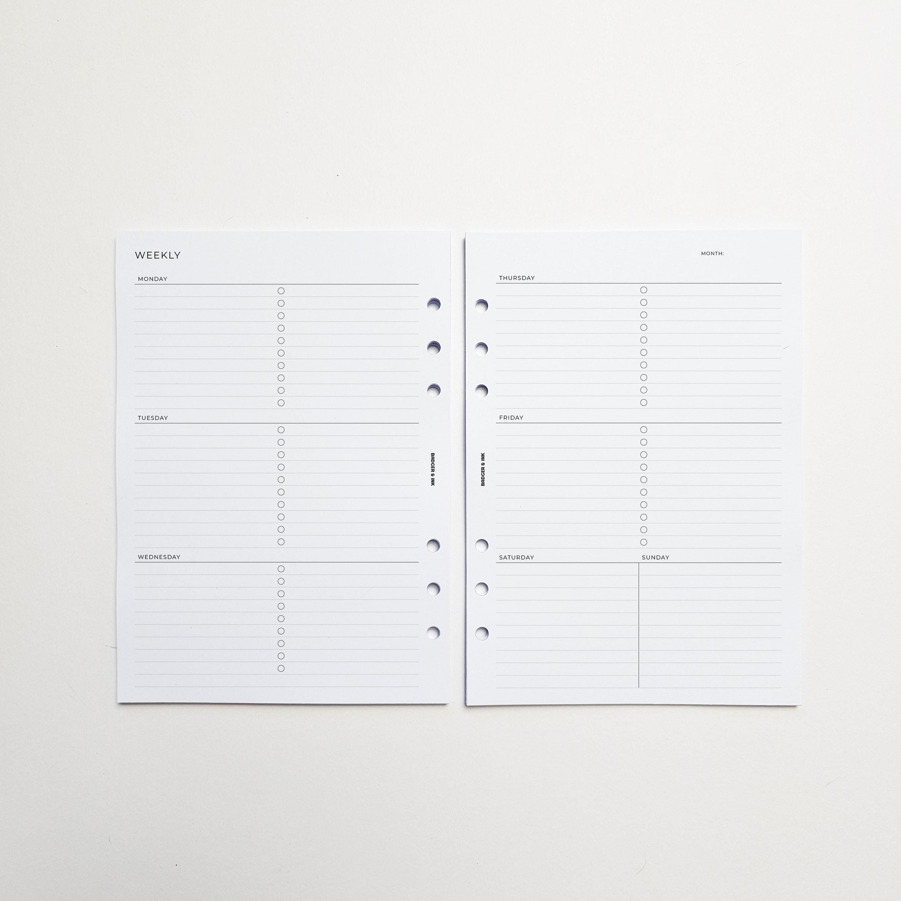 Weekly A5 Planner Inserts | Filofax 6 Ring Binder | Undated Week on Two ...
