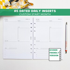 May include: A5 dated daily inserts with a custom start month. The planner pages are white with black text and include sections for schedule, priority, to-do, self-care, notes, and meals. A pen rests on the right side of the open planner.