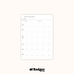 The image is a page from a 30-day challenge planner, featuring a grid of circles with numbers 1 through 30 inside them. The page is set against a white background, and the Badger logo is visible at the bottom.