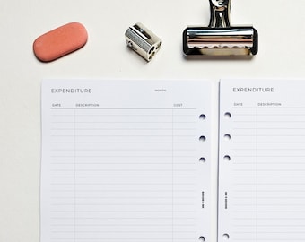 Expense Tracker A5 Planner Inserts | Filofax 6 Ring Binder | Finance
