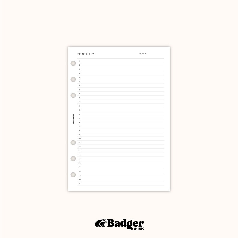 Monthly A5 Planner Inserts | Filofax 6 Ring Binder | Undated Month One ...