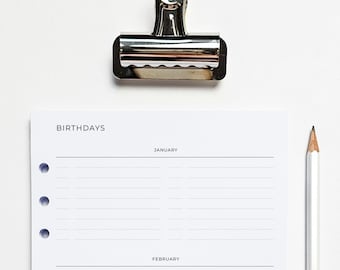 Birthday and Anniversary A5 Planner Inserts | Filofax 6 Ring Binder