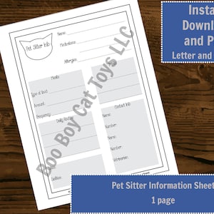 Printable Pet Sitter Information Sheet - Cat Records - Dog Records - Instant Digital Download