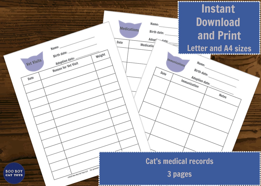 Printable Cat Medical Records Pet Records Instant Digital Download Etsy