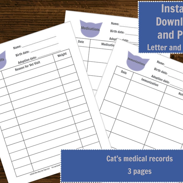 Printable Cat Medical Records - Pet Records - Instant Digital Download