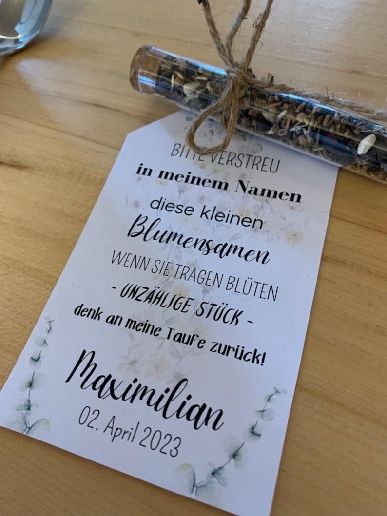 Gastgeschenk Reagenzglas mit Blumensamen Taufe Kommunion Erinnerung Bild 2