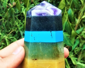 Obelisco de seis puntas facetadas, piedra de siete chakras, mineral curativo, cargada, metafísica, de 115 mm