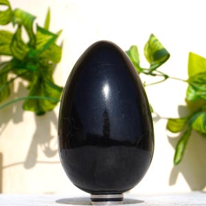 Peut inclure: Un œuf en obsidienne noire lisse, poli à haute brillance, repose sur une surface blanche. L'œuf est un cristal naturel et on pense qu'il a des propriétés protectrices et d'ancrage.