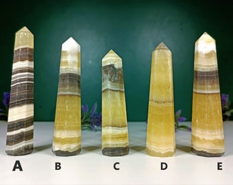 90MM 115MM  Yellow Banded Honey Calcite Stone 8 Faceted Point Obelisk Tower Valentine's Gift