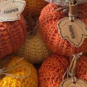 May include: A collection of crocheted pumpkins in various colors, including orange, yellow, and white. Each pumpkin has a small tag attached that says "Handmade Pumpkin".