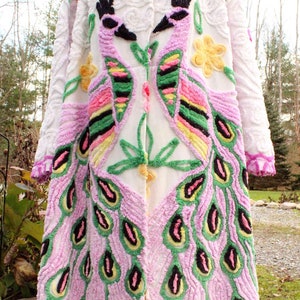 lovable peacock chenille robe, colorful fun shabby upcycled women&#39;s bathrobe from midcentury vintage chenille bedspread fabrics, up to 2XL