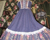 Gunne Sax Style Vintage Navy Calico Lace 1970s Prairie Peasant Dress, XS
