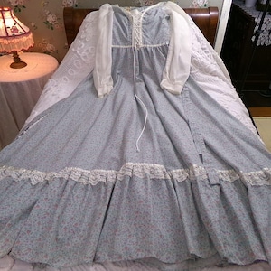 Vintage Gunne Sax Maxi Corset Dress, Dreamy Blue Calico Floral 1970s Prairie Gown, Billowy Sheer Sleeves, XS