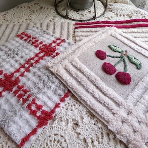 cheery cherry chenille quilt squares, 7.5" vintage fabric blocks, set of 8 in grey, white, maroon