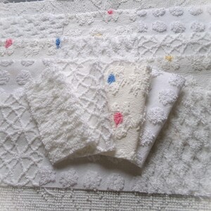 winter whimsy white chenille fabric squares, 16 vintage 6" x 6" quilt blocks, pops, webbed, diamond lattice & daisies for sewing, crafts