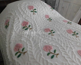 Mid Century Vintage Cotton Chenille Bedspread, Made in USA LM