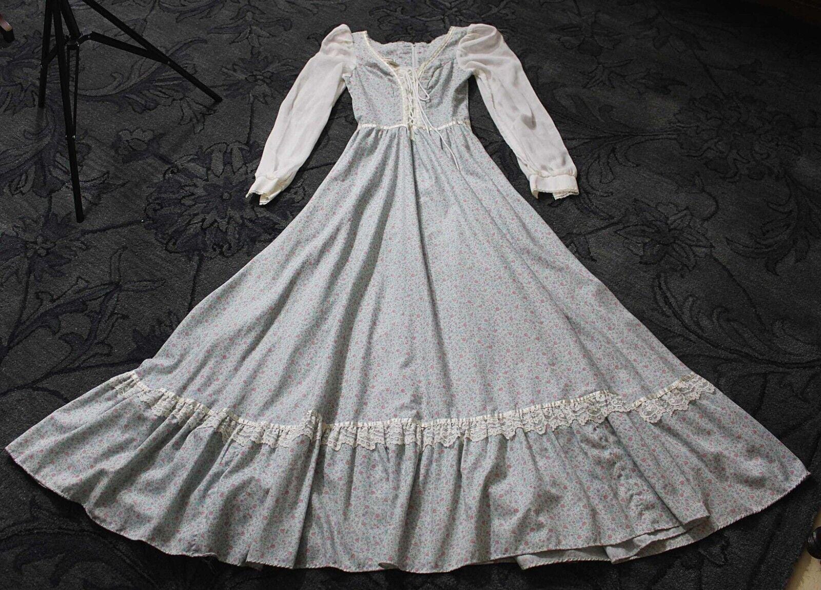 Vintage Gunne Sax Maxi Corset Dress, Dreamy Blue Calico Floral 1970s ...
