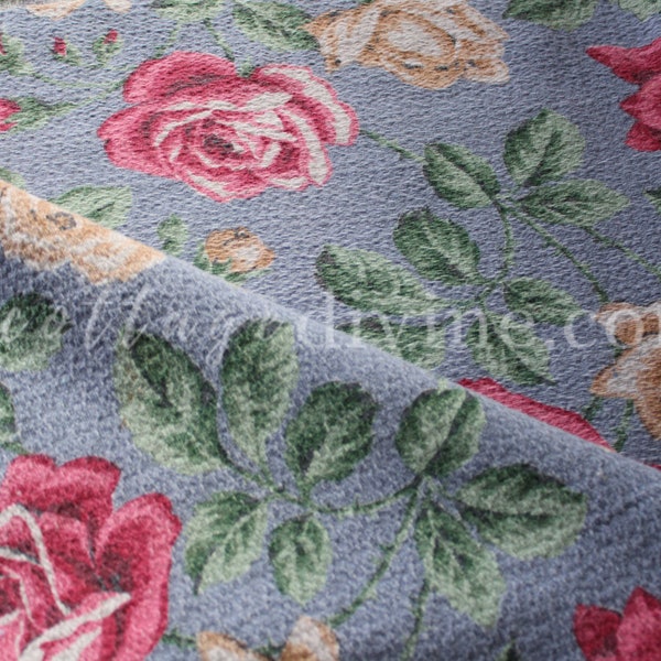 Vintage Barkcloth Fabric Beautiful Roses on Blue, 27" x 32" inch Piece, Perfect for DIY Pillows