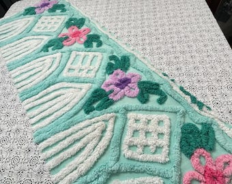 Seafoam Green Vintage Chenille Fabric, Plush Tropical Flowers 13x34" Piece
