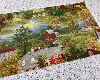 Moody Vintage Barkcloth Fabric, Grandma Moses HALLOWEEN, Rustic Spooky Scene 13x22"