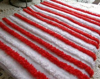 Candy Cane Striped Chenille Fabric, Red & White Stripe Vintage, 18x24" Piece