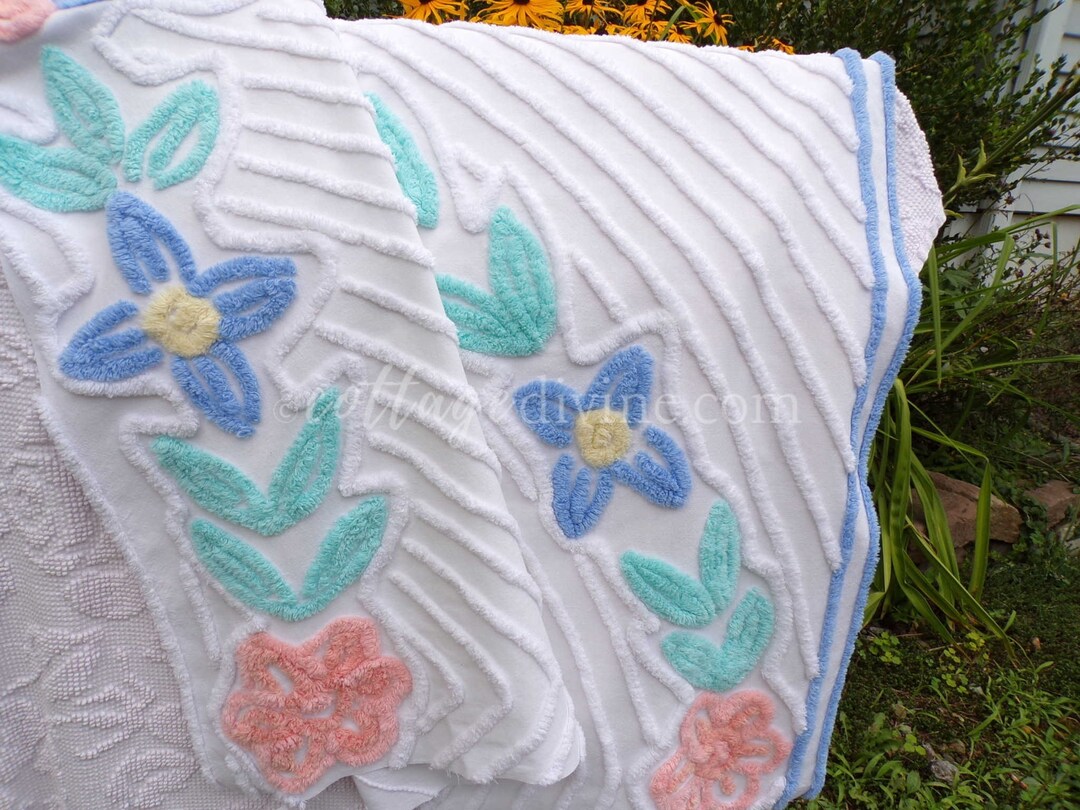 Vintage Arched Floral Chenille Fabric, Shabby Tropical Flowers, 34 X 28