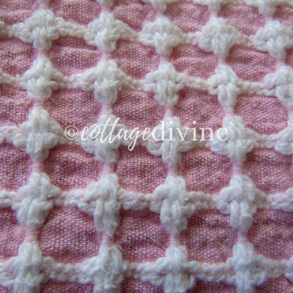 Carnation Pink & White Woven Honeycomb Fabric, Vintage Lady Galt Chenille, 20" x 24" inch piece, Great texture