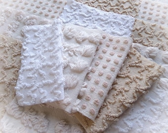 Neutral Modern Mocha & White Chenille Fabric Squares Set, 16 Vintage Quilt Blocks, 6" x 6" inches each, for Quilting, Sewing, DIY Pillows