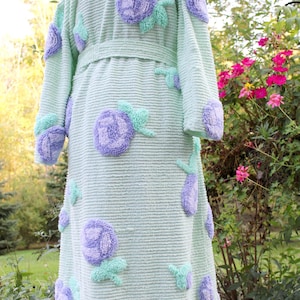 Cottagecore Cute Hooded Chenille Robe, 3D Lollipop Flowers, Upcycled Mint Green Bathrobe from Vintage Chenille Bedspread, Medium / Large