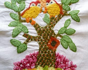 Vintage Owl Embroidery Crewel Piece "Winkin, Blinkin & Nod" Paragon 0420, 16x19"