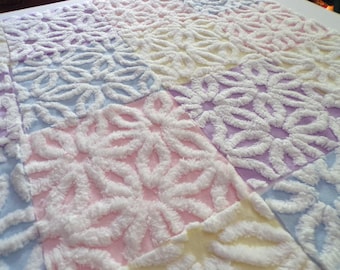 Rainbow Pastel Daisy Quilt Squares Set, Fluffy & Plush, from Vintage Chenille Bedspread Fabric, 16 Blocks, 6&quot; x 6&quot; inch