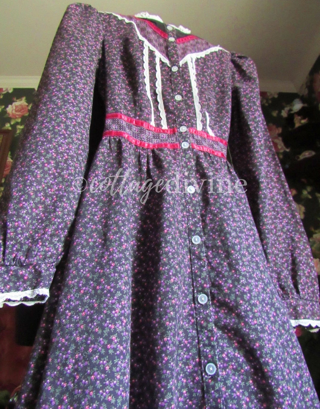 GUNNE SAX Spellbound Black Calico & Velvet Vintage 1970s Midi Prairie ...