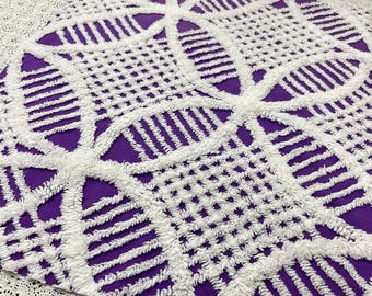 Vintage Chenille Fabric, 21x20" Bold Contrast Saturated Purple White Geometric
