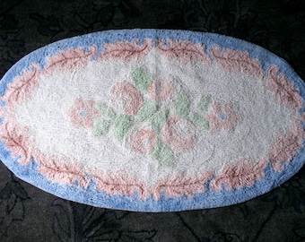 Vintage Shabby Cottage Chenille Rug, Lovely Muted Rose Florals & Pink Leaves, Cotton Bed Bath Accent Mat, Oval Shape, Large Size 25&quot;W x 44&quot;L