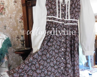 Gunne Sax Woodland Fairy Brown Calico 70s Vintage Prairie Dress, Sheer Sleeve