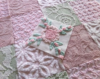 Grandmother's Garden Chenille Fabric Squares, Assorted Set of 17 Quilt Blocks Cut from Vintage Chenille Bedspreads, 6" x 6" inch
