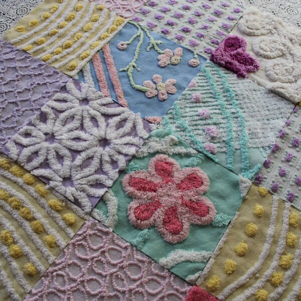 Vintage Chenille Fabric Squares in Spring Medley, Aqua, Lilac, Yellow & Pink Set of 16 Blocks, 6" Each for Quilts, Crafts