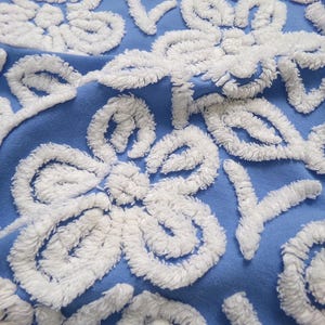 Daisy Dance Vintage Chenille Bedspread Fabric, Blue & White Floral 20x23" Piece